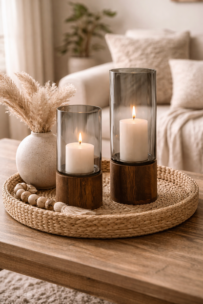 Vase en verre fumé avec base en bois