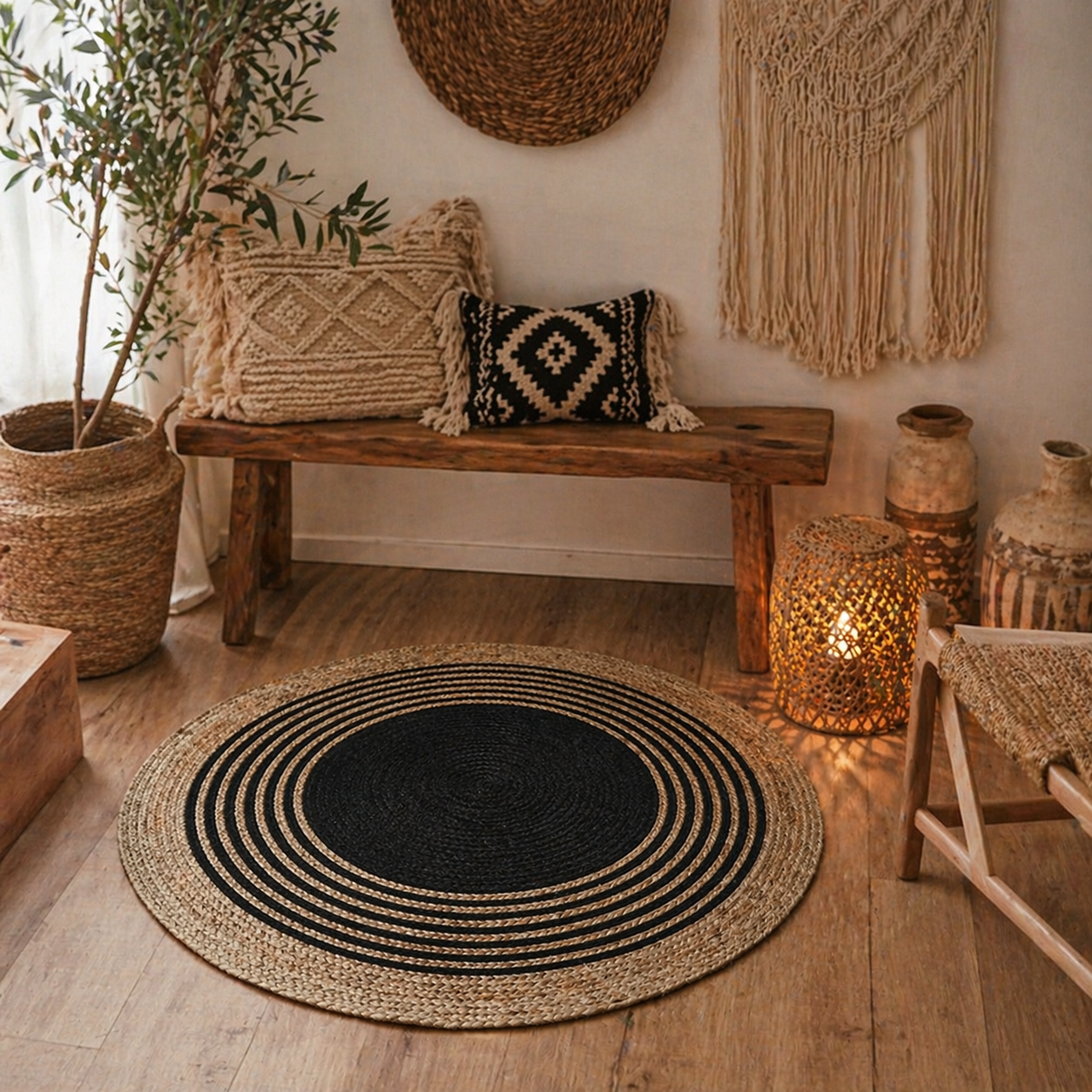 Tapis rond en jute – Style bohème chic